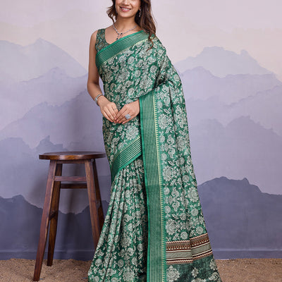 Teal Poly Silk Festival Saree With Blouse Piece