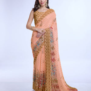 Orange Poly Chiffon Festival Saree With Blouse Piece
