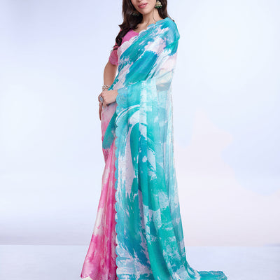 Blue Poly Chiffon Festival Saree With Blouse Piece
