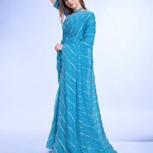 Blue Poly Chiffon Festival Saree With Blouse Piece