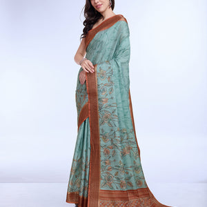 Teal Poly Silk Daily Wear Saree With Blouse Piece