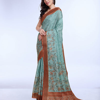 Teal Poly Silk Daily Wear Saree With Blouse Piece