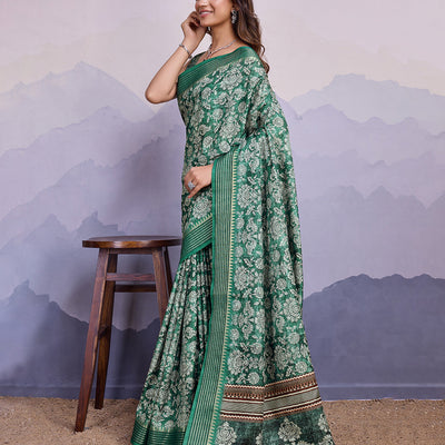 Teal Poly Silk Festival Saree With Blouse Piece
