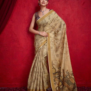 Beige Poly Silk Festival Saree With Blouse Piece