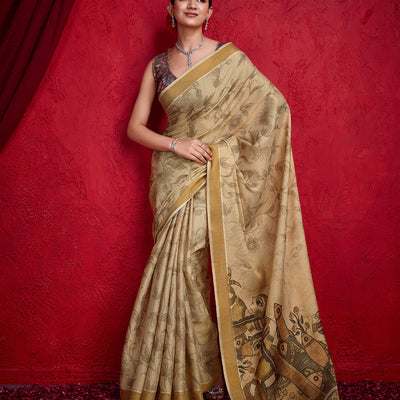 Beige Poly Silk Festival Saree With Blouse Piece