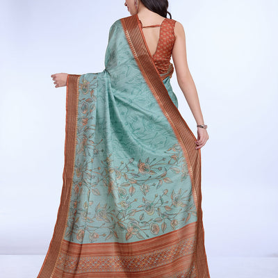 Teal Poly Silk Daily Wear Saree With Blouse Piece
