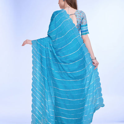 Blue Poly Chiffon Festival Saree With Blouse Piece