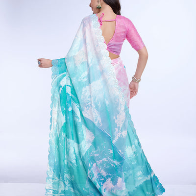 Blue Poly Chiffon Festival Saree With Blouse Piece