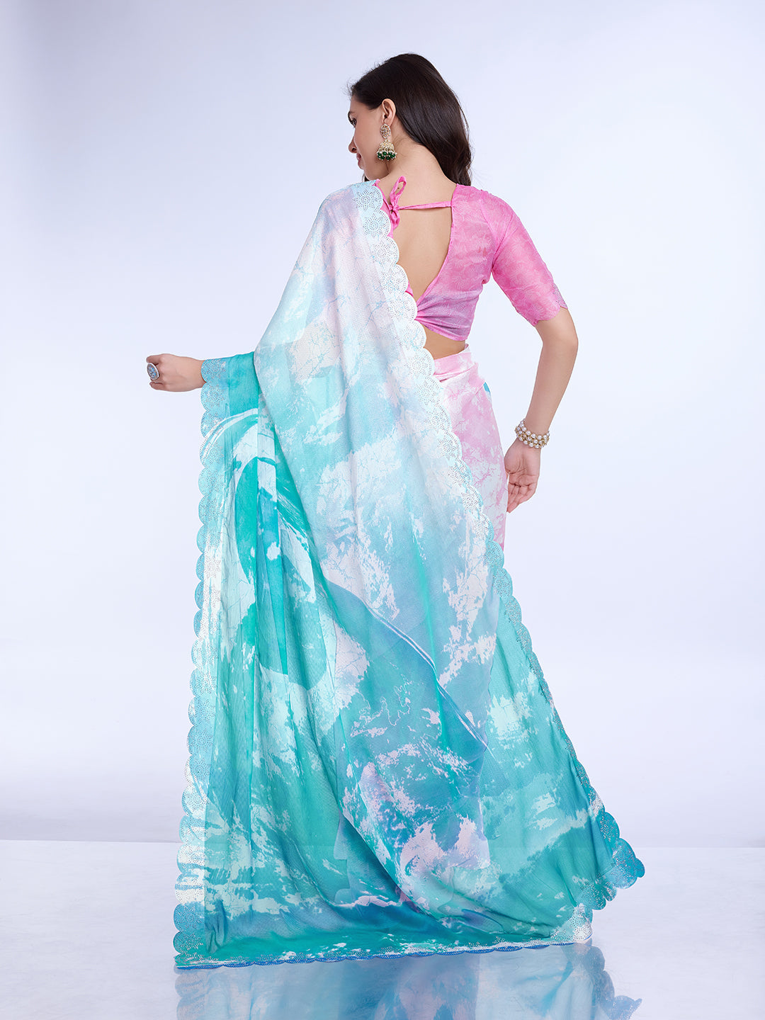 Blue Poly Chiffon Festival Saree With Blouse Piece