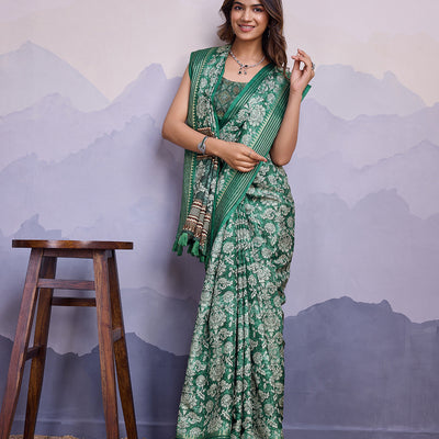 Teal Poly Silk Festival Saree With Blouse Piece