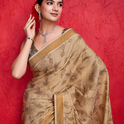 Beige Poly Silk Festival Saree With Blouse Piece