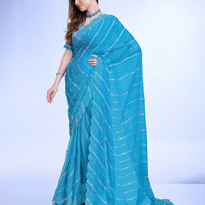 Blue Poly Chiffon Festival Saree With Blouse Piece