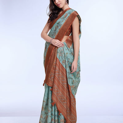 Teal Poly Silk Daily Wear Saree With Blouse Piece