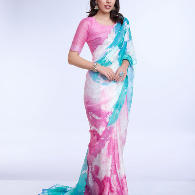 Blue Poly Chiffon Festival Saree With Blouse Piece