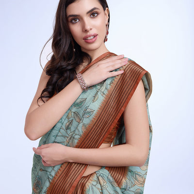 Teal Poly Silk Daily Wear Saree With Blouse Piece