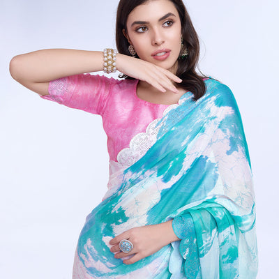 Blue Poly Chiffon Festival Saree With Blouse Piece