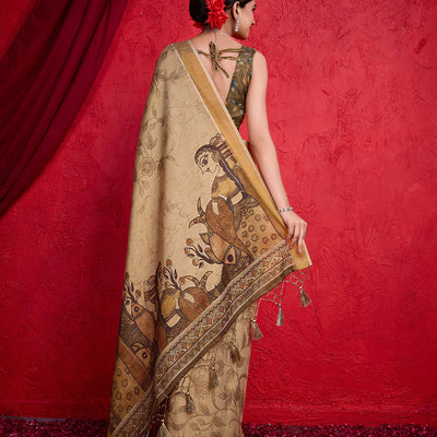 Beige Poly Silk Festival Saree With Blouse Piece