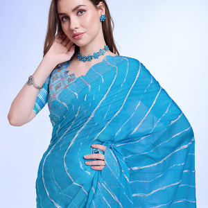 Blue Poly Chiffon Festival Saree With Blouse Piece