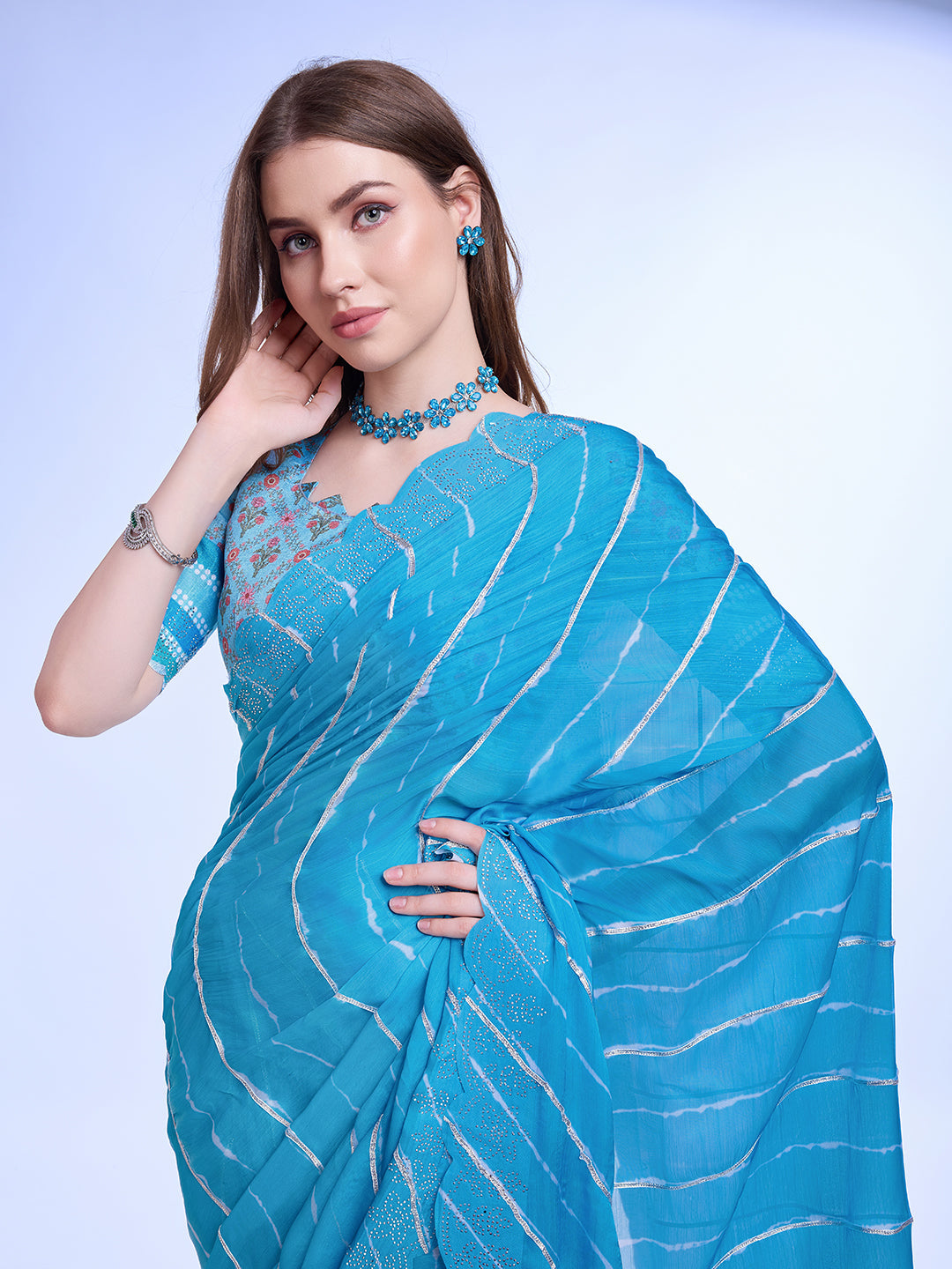 Blue Poly Chiffon Festival Saree With Blouse Piece
