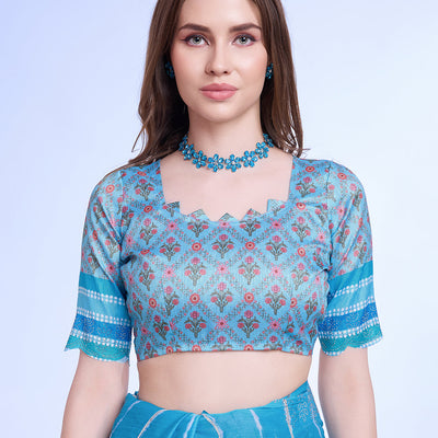 Blue Poly Chiffon Festival Saree With Blouse Piece