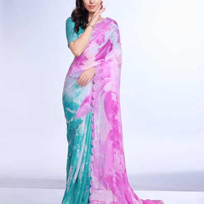 Pink Poly Chiffon Festival Saree With Blouse Piece
