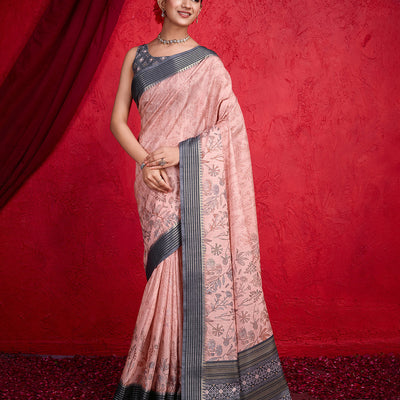Pink Poly Silk Festival Saree With Blouse Piece