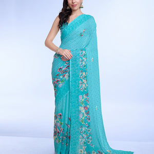 Teal Poly Chiffon Festival Saree With Blouse Piece
