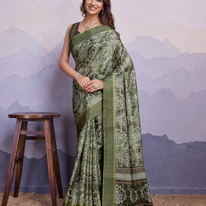 Mehndi Poly Silk Festival Saree With Blouse Piece