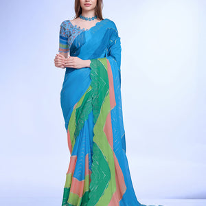 Teal Poly Chiffon Festival Saree With Blouse Piece