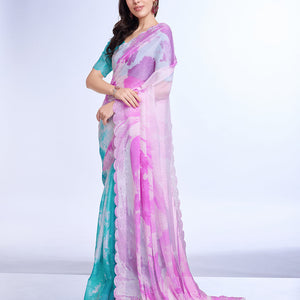 Pink Poly Chiffon Festival Saree With Blouse Piece