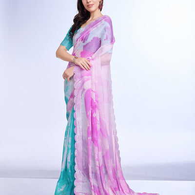 Pink Poly Chiffon Festival Saree With Blouse Piece