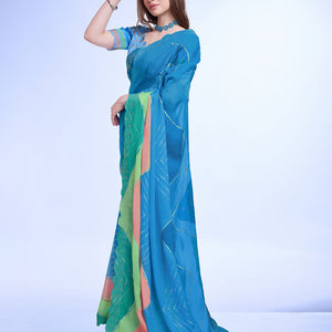 Teal Poly Chiffon Festival Saree With Blouse Piece