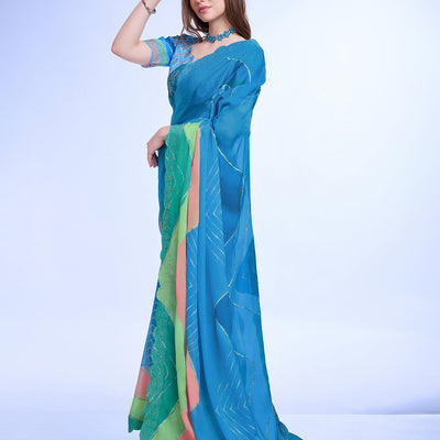 Teal Poly Chiffon Festival Saree With Blouse Piece