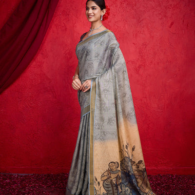 Grey Poly Silk Festival Saree With Blouse Piece