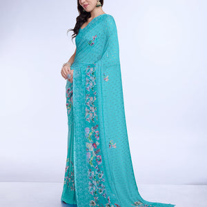 Teal Poly Chiffon Festival Saree With Blouse Piece