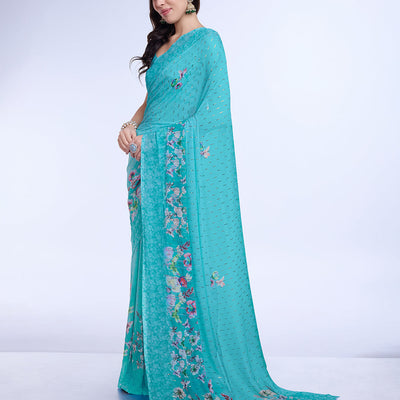 Teal Poly Chiffon Festival Saree With Blouse Piece