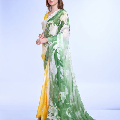Green Poly Chiffon Festival Saree With Blouse Piece