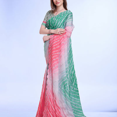 Green Poly Chiffon Festival Saree With Blouse Piece