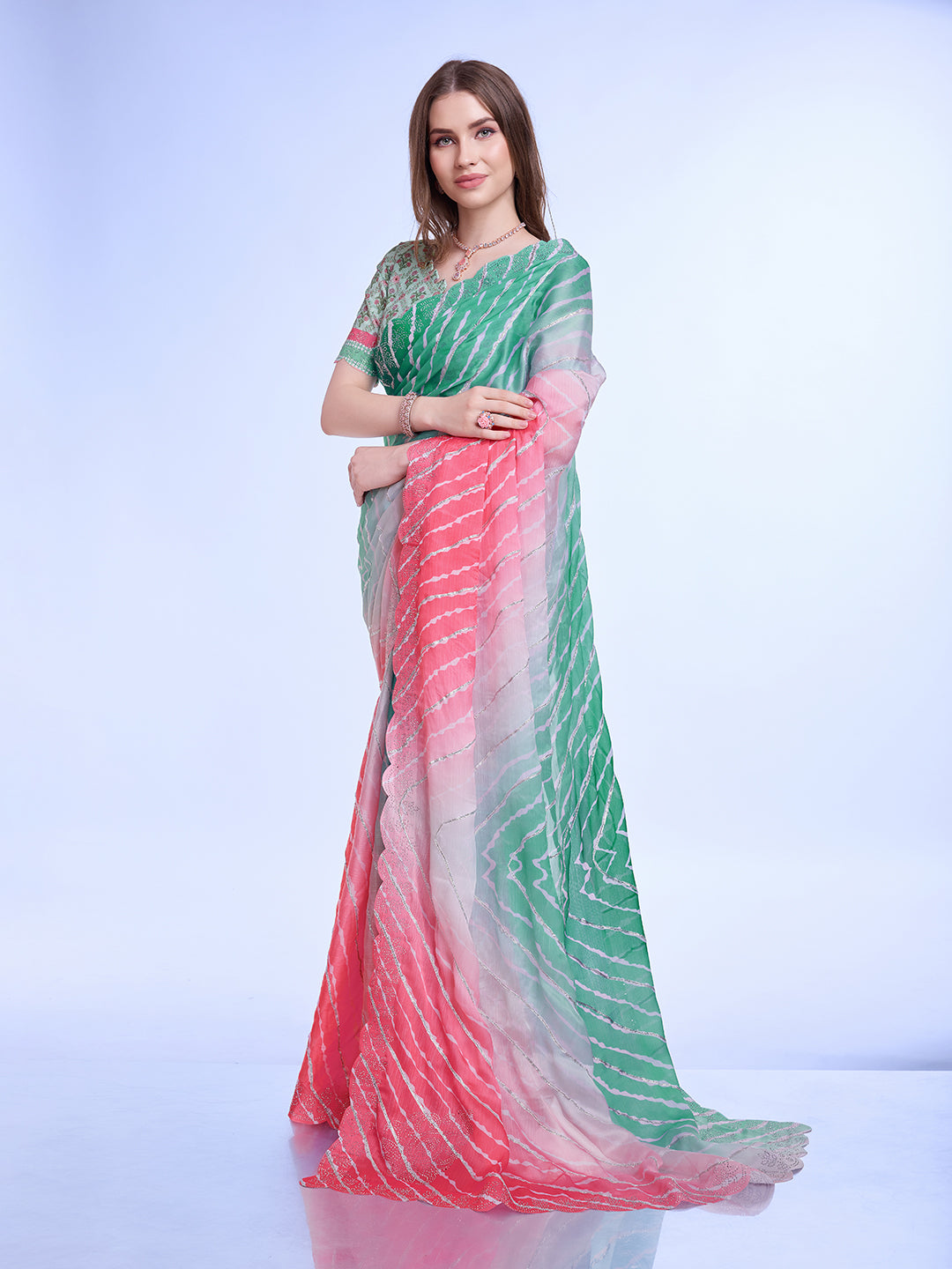 Green Poly Chiffon Festival Saree With Blouse Piece