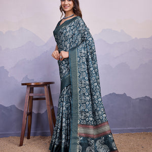 Blue Poly Silk Festival Saree With Blouse Piece