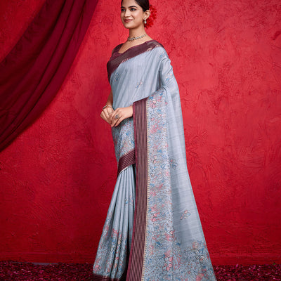 Grey Poly Silk Festival Saree With Blouse Piece