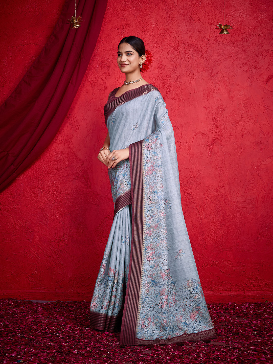Grey Poly Silk Festival Saree With Blouse Piece