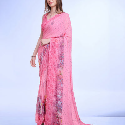 Pink Poly Chiffon Festival Saree With Blouse Piece