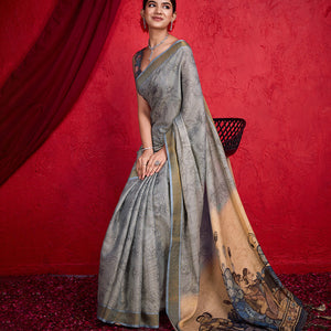 Grey Poly Silk Festival Saree With Blouse Piece