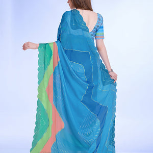 Teal Poly Chiffon Festival Saree With Blouse Piece