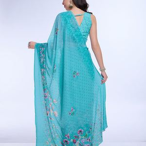 Teal Poly Chiffon Festival Saree With Blouse Piece