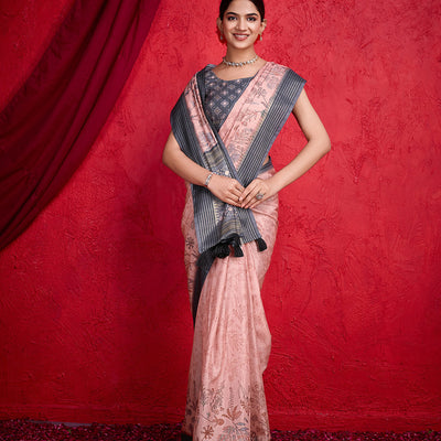 Pink Poly Silk Festival Saree With Blouse Piece