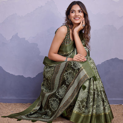 Mehndi Poly Silk Festival Saree With Blouse Piece