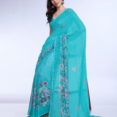 Teal Poly Chiffon Festival Saree With Blouse Piece