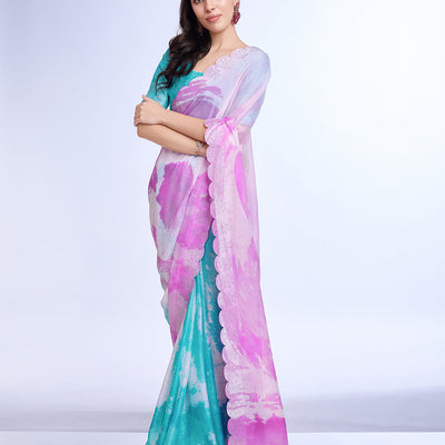 Pink Poly Chiffon Festival Saree With Blouse Piece